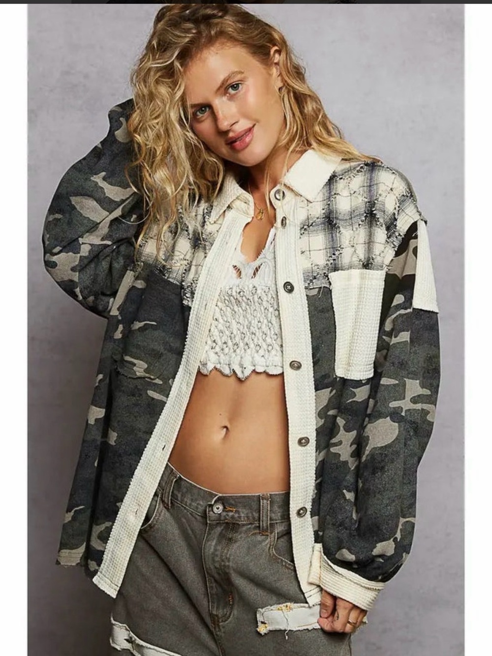 POL Camo & Cream Mixed-Media Utility Shacket